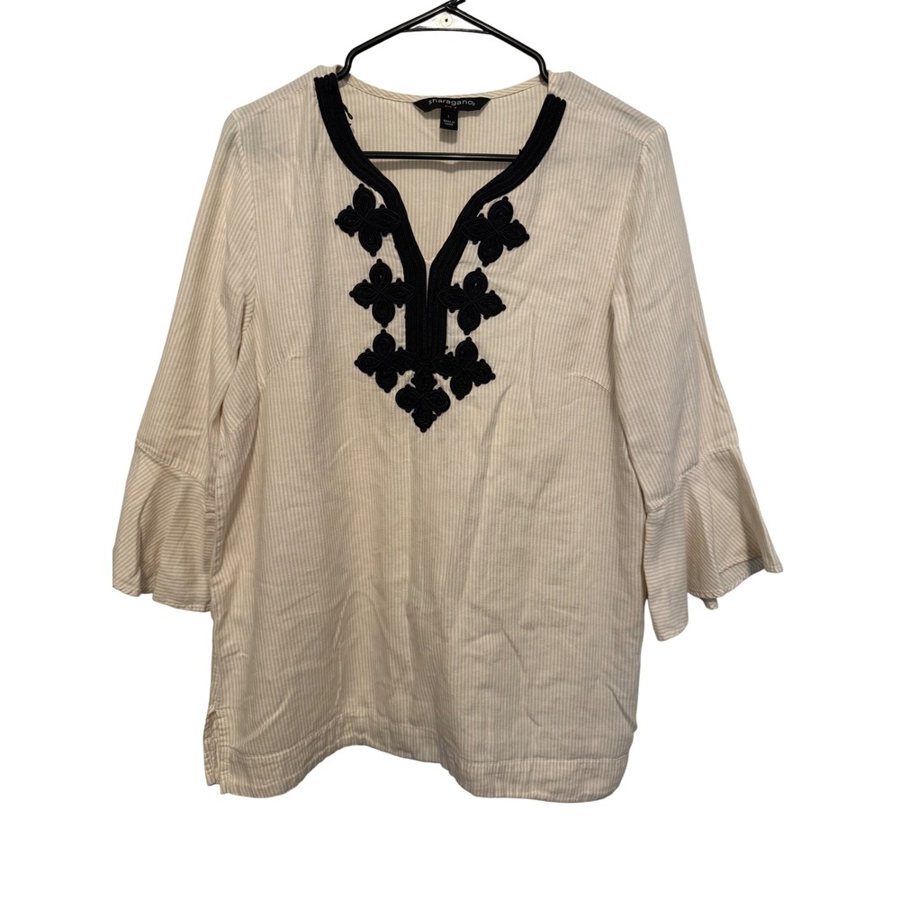 Sharagano Women's L Striped Tunic Top Navy Soutache Embroidered Bell Sleeve L